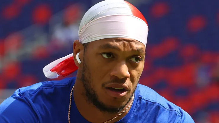 DJ Moore #2 of the Buffalo Bills runs the ball after a catch before a game against the Carolina Panthers at Highmark Stadium on August 15, 2026 in Orchard Park, New York. DJ Moore #2 of the Buffalo Bills at Highmark Stadium.