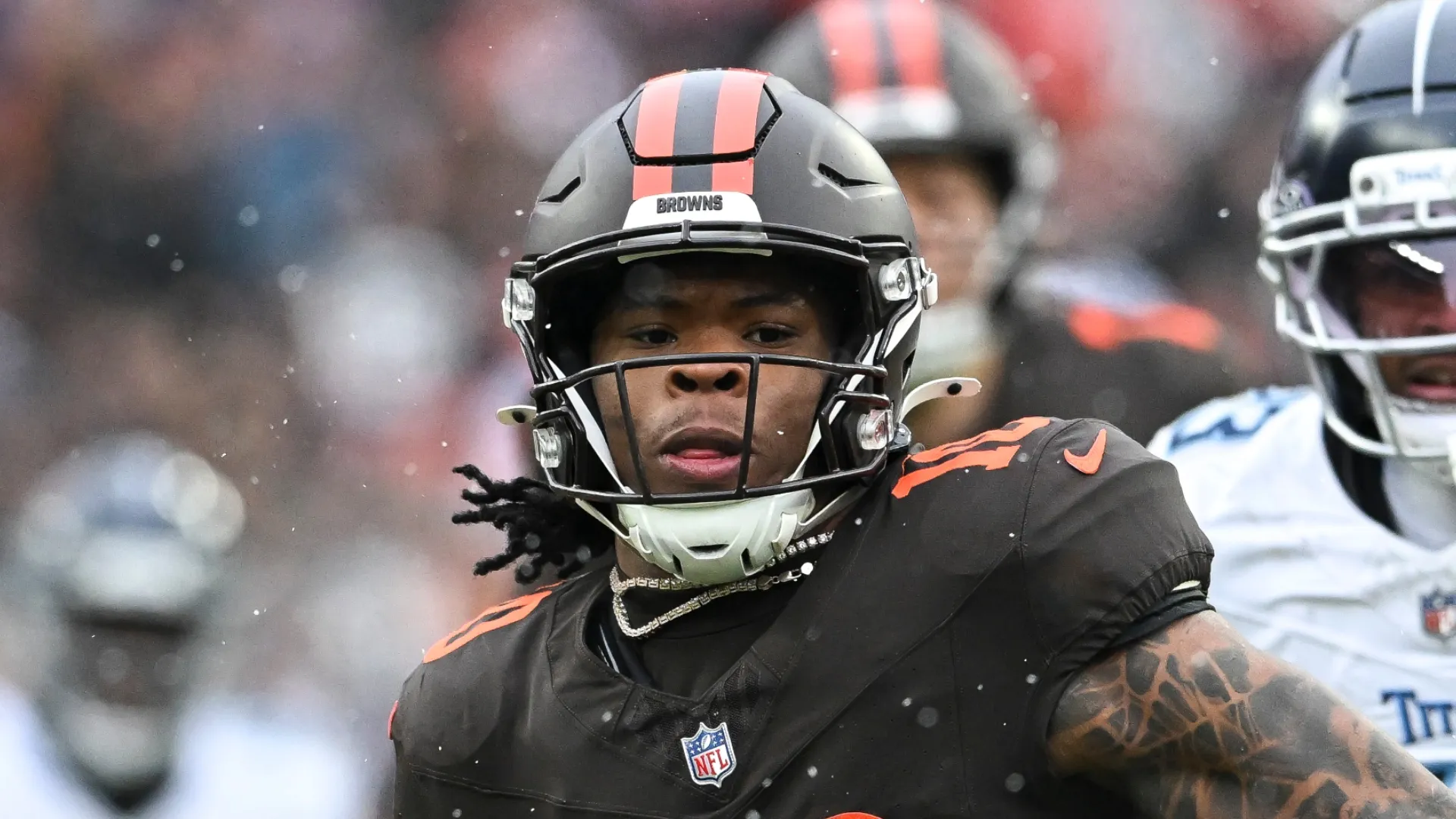 Quinshon Judkins #10 of the Cleveland Browns runs with the ball against the Tennessee Titans during the first quarter at Huntington Bank Field on December 07, 2025 in Cleveland, Ohio.