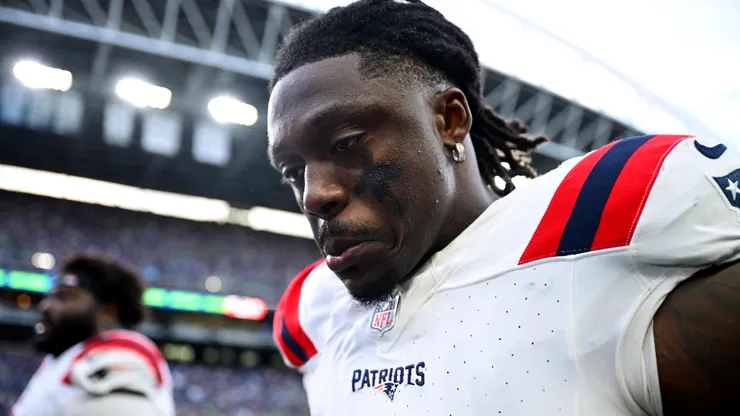 A.J. Brown #1 of the New England Patriots walks off the field.