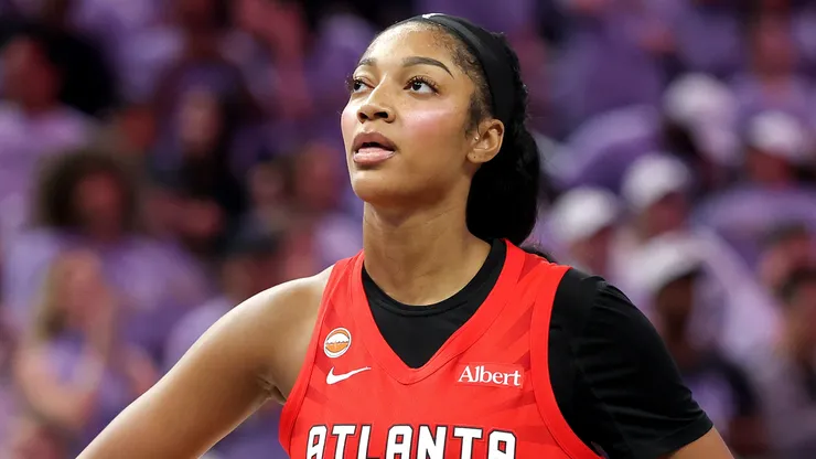Angel Reese #5 of the Atlanta Dream reacts after the 68-64 loss against the Golden State Valkyries.