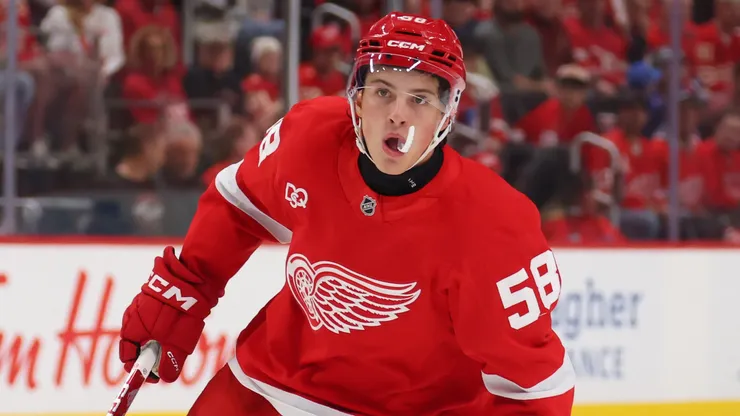 Emmitt Finnie #58 of the Detroit Red Wings plays against the New York Rangers.