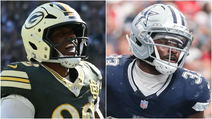 Marshawn Lloyd #32 of the Green Bay Packers and Javonte Williams #33 of the Dallas Cowboys.