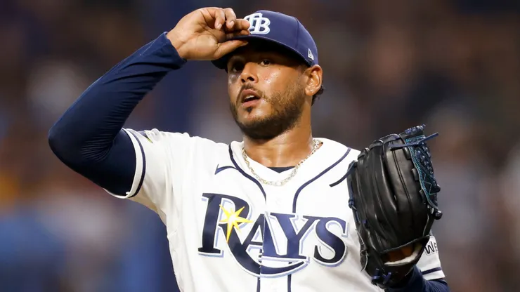 Freddy Peralta #51 of the Tampa Bay Rays reacts during the fifth inning.