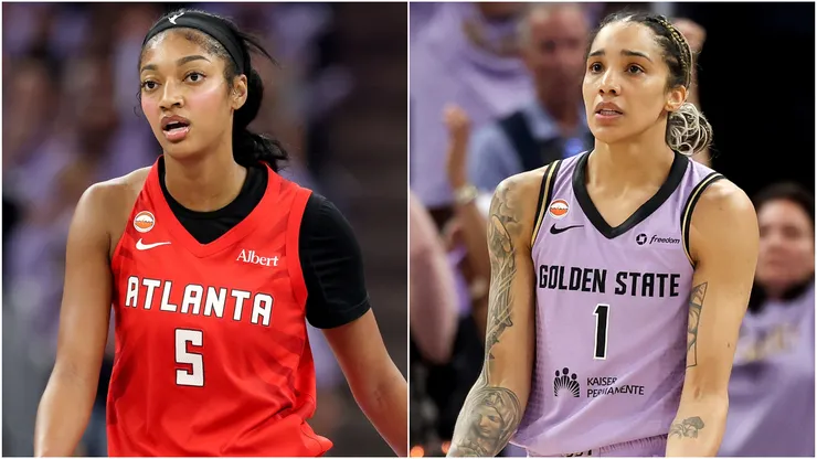 Angel Reese #5 of the Atlanta Dream and Gabby Williams #1 of the Golden State Valkyries