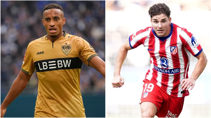 Jamie Leweling of VfB Stuttgart and Julian Alvarez of Atletico Madrid