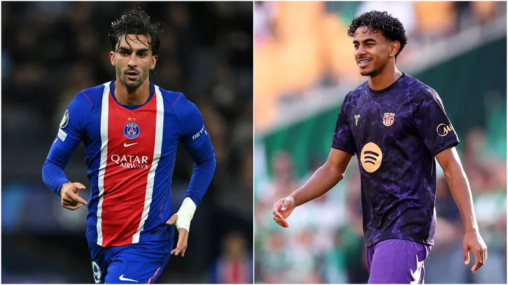 Ferran Torres of Paris Saint-Germain and Lamine Yamal of FC Barcelona