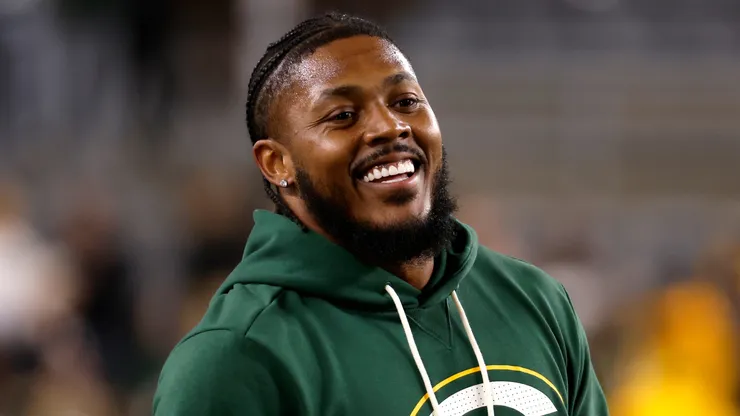 Josh Jacobs #8 of the Green Bay Packers reacts prior to the game.