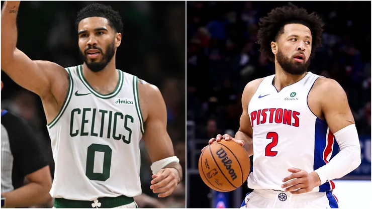 Jayson Tatum #0 of the Boston Celtics and Cade Cunningham #2 of the Detroit Pistons