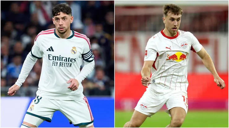 Federico Valverde of Real Madrid and Brajan Gruda of RB Leipzig