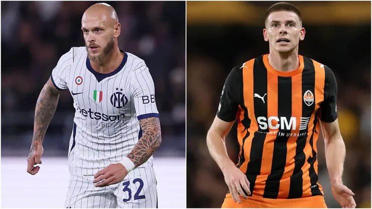 Federico Dimarco of Inter Milan and Oleh Ocheretko of FC Shakhtar Donetsk