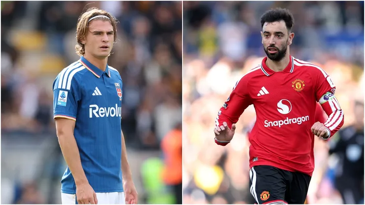 Nico Paz of Como and Bruno Fernandes of Manchester United