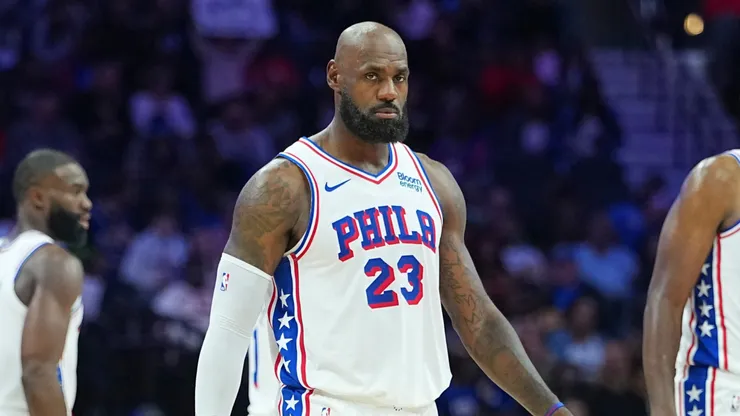 LeBron James #23 of the Philadelphia 76ers looks on.