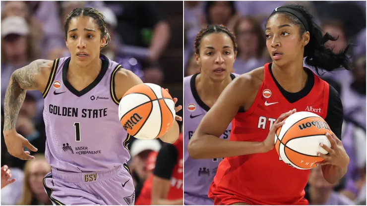 Gabby Williams #1 of the Golden State Valkyries and Angel Reese #5 of the Atlanta Dream