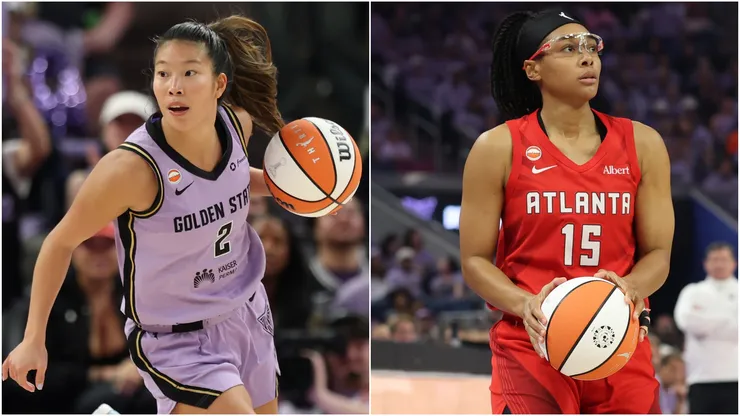 Kaitlyn Chen #2 of the Golden State Valkyries and Allisha Gray #15 of the Atlanta Dream