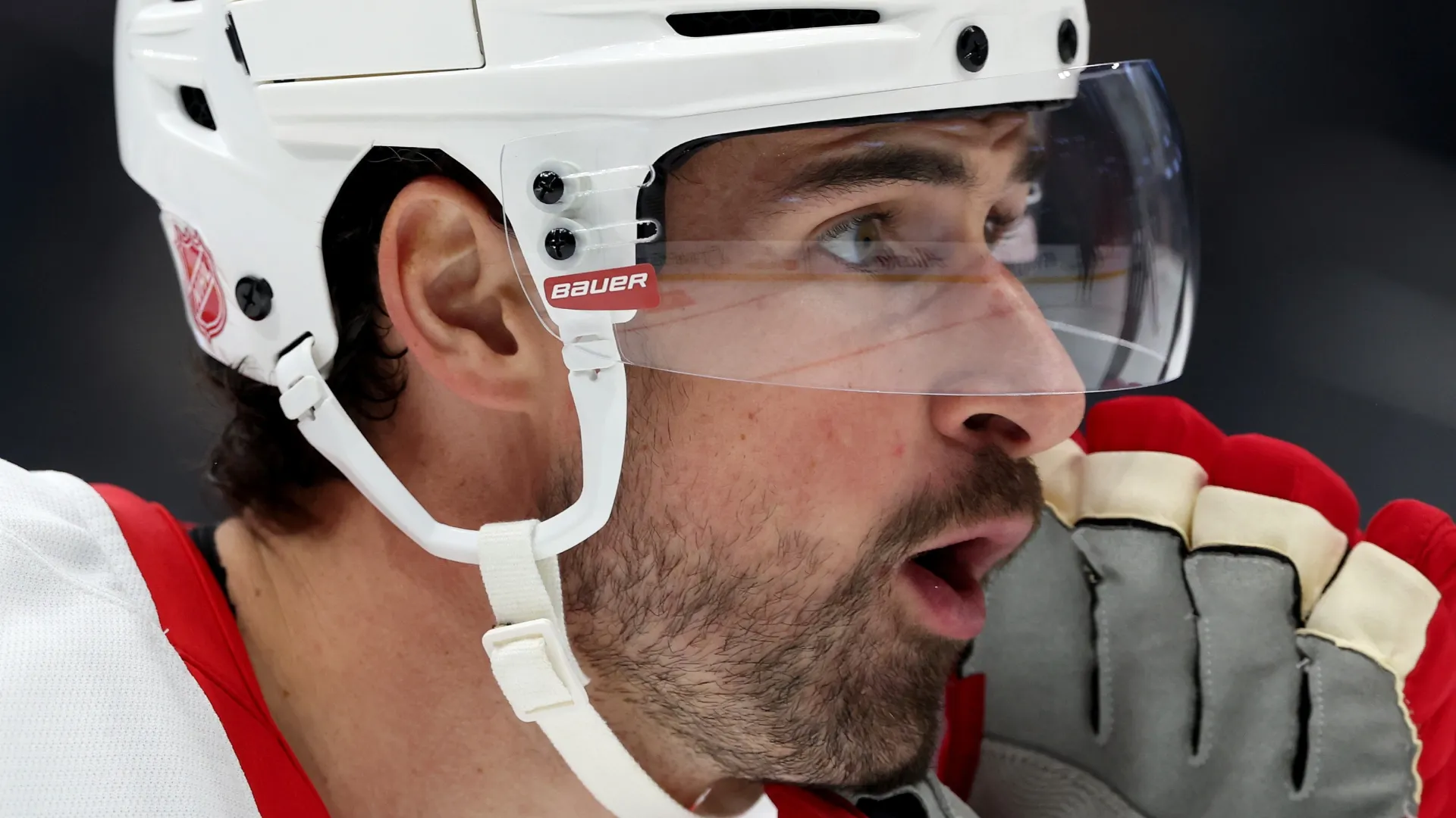 Dylan Larkin #71 of the Detroit Red Wings reacts against the Seattle Kraken during the second period at Climate Pledge Arena on October 20, 2026 in Seattle, Washington.