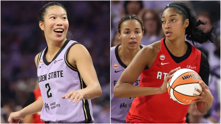 Kaitlyn Chen #2 of the Golden State Valkyries and Angel Reese #5 of the Atlanta Dream