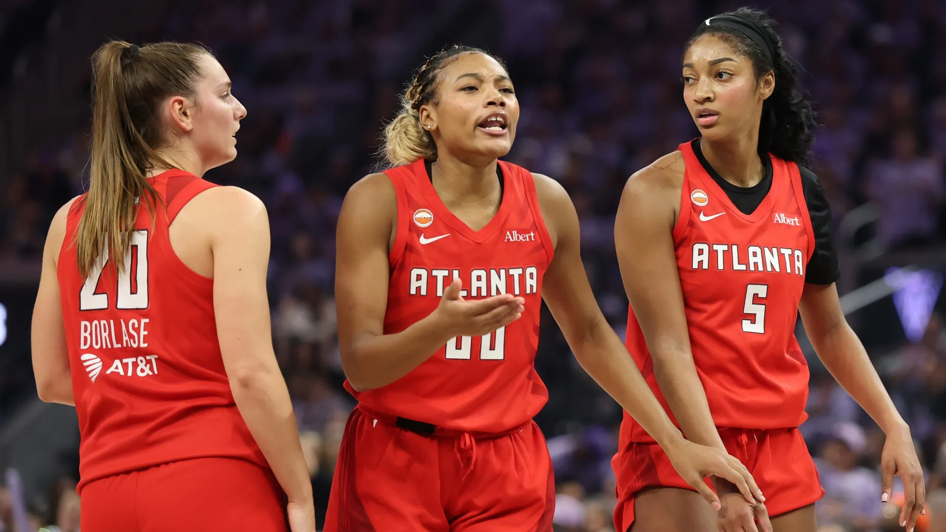 Isobel Borlase #20, Naz Hillmon #00 and Angel Reese #5 of the Atlanta Dream (Source: Ezra Shaw/Getty Images)