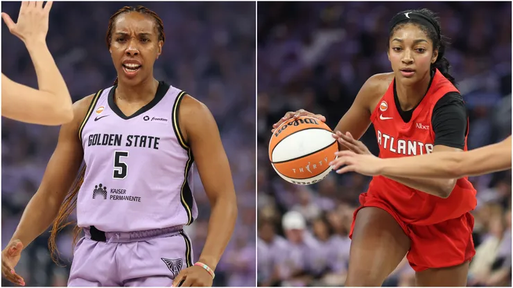 Kayla Thornton #5 of the Golden State Valkyries and Angel Reese #5 of the Atlanta Dream