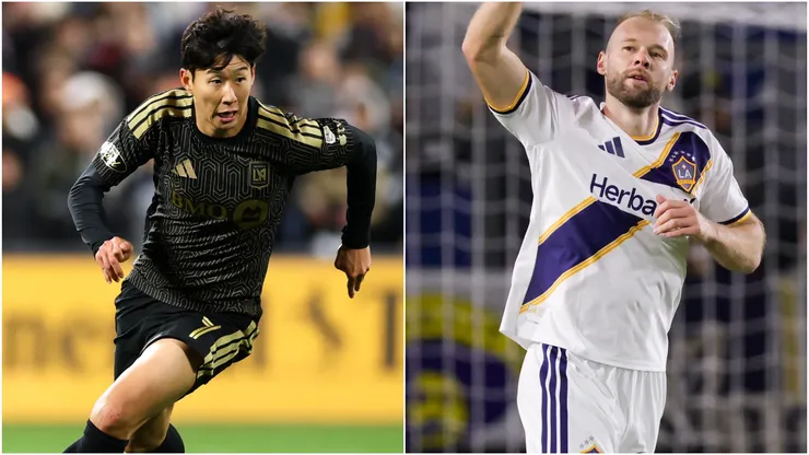 Son Heung-Min #7 of the Los Angeles FC and João Klauss #99 of the Los Angeles Galaxy