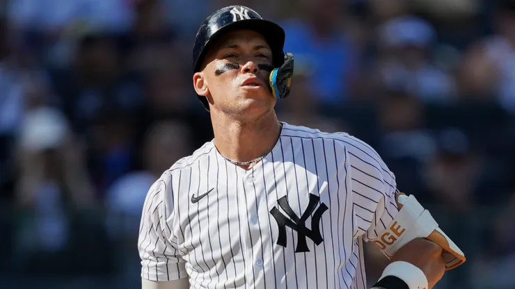 Aaron Judge #99 of the New York Yankees reacts after striking out.