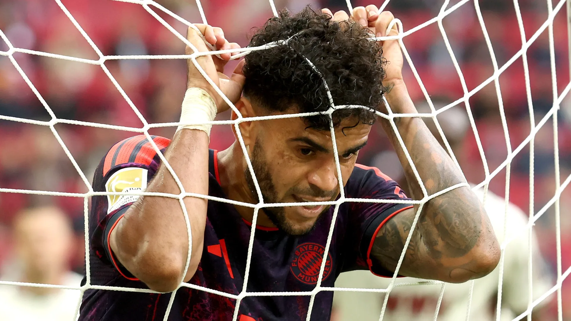 Luis Diaz of FC Bayern Munich reacts during the Bundesliga 2026/27 match between FC Augsburg and FC Bayern München at WWK Arena on October 10, 2026 in Augsburg, Germany.