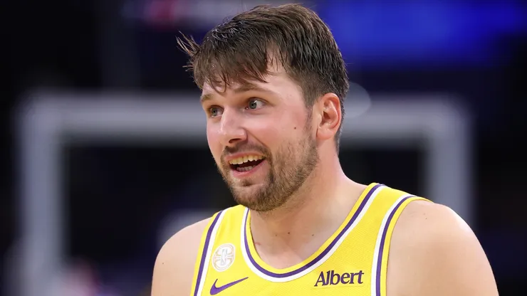 Luka Doncic #77 of the Los Angeles Lakers looks on.