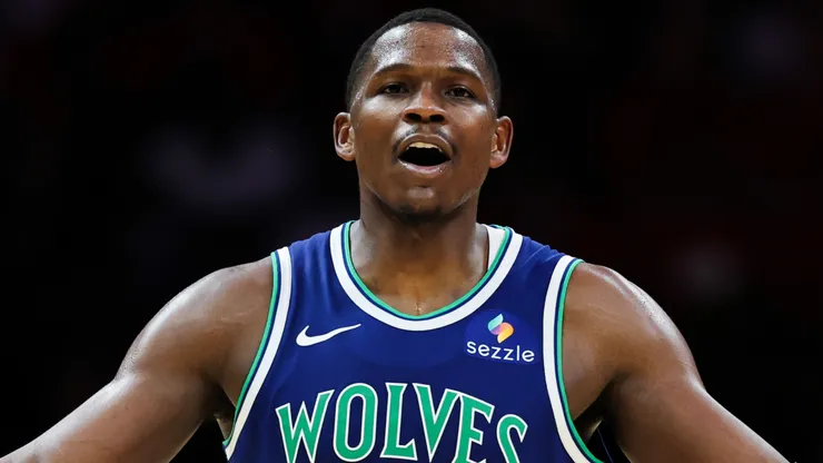 Anthony Edwards #5 of the Minnesota Timberwolves reacts.