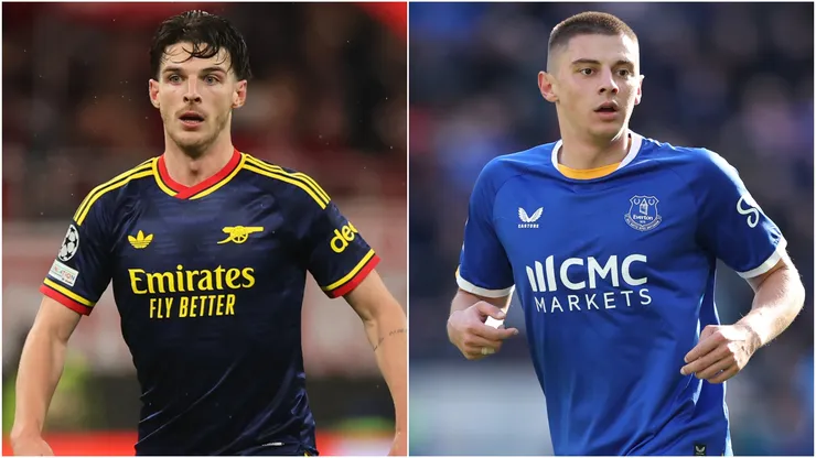 Declan Rice of Arsenal and Vitalii Mykolenko of Everton