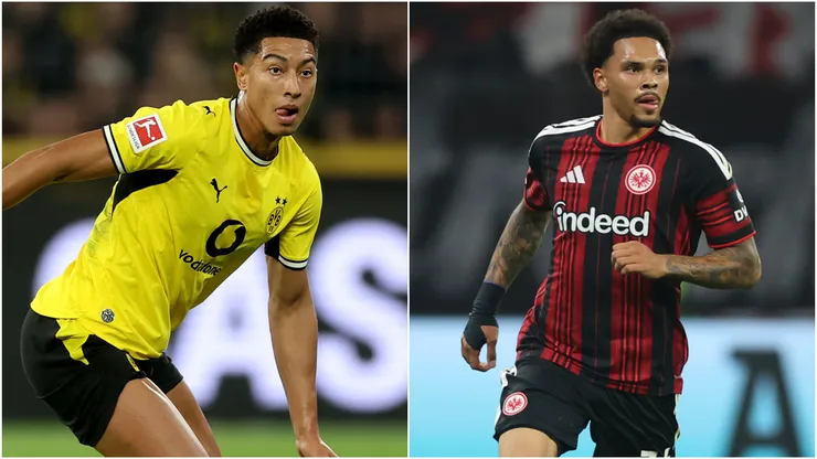 Jobe Bellingham of Borussia Dortmund and Nnamdi Collins of Eintracht Frankfurt