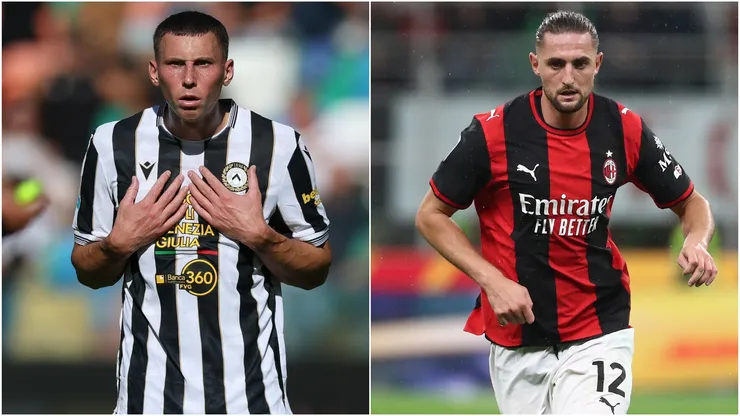 Jakub Piotrowski of Udinese and Adrien Rabiot of AC Milan