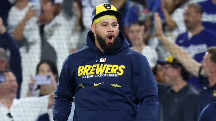 Gary Sanchez #99 of the Milwaukee Brewers celebrates.