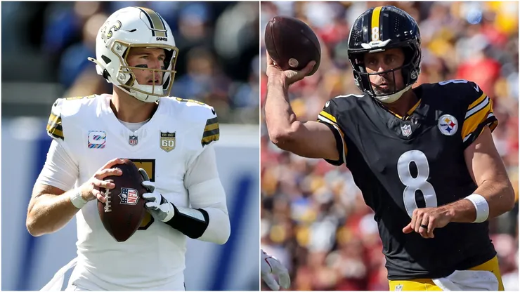 Tyler Shough #6 of the New Orleans Saints and Aaron Rodgers #8 of the Pittsburgh Steelers