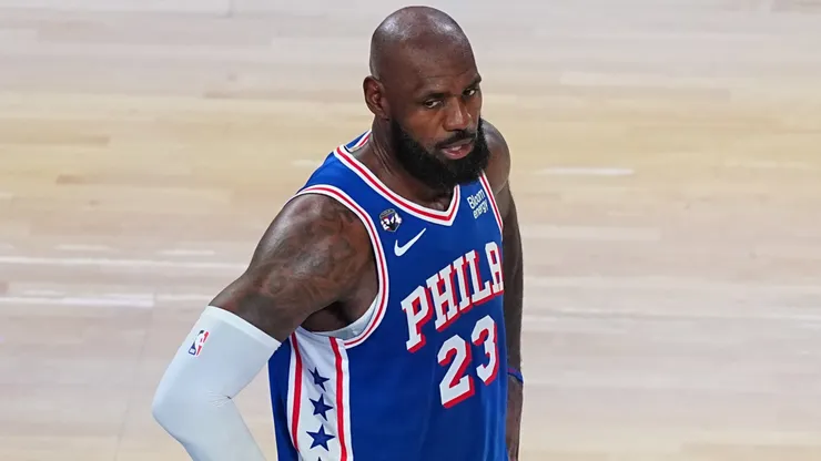 LeBron James #23 of the Philadelphia 76ers looks on.
