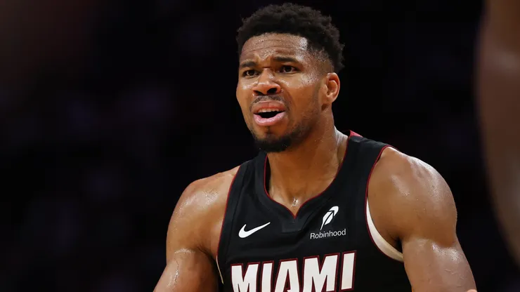 Giannis Antetokounmpo #7 of the Miami Heat reacts against the Detroit Pistons.
