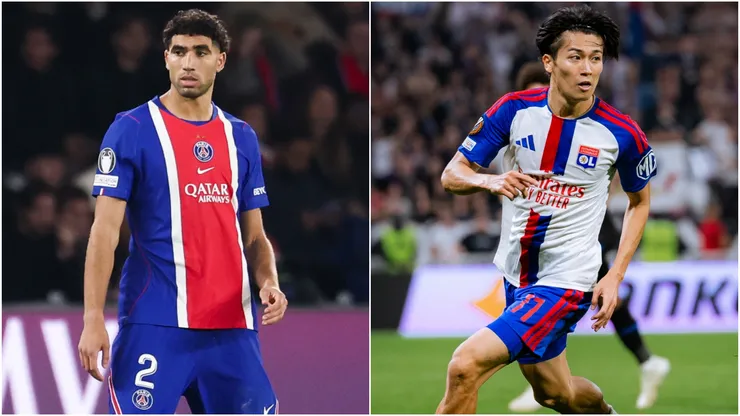 Achraf Hakimi #2 of Paris Saint-Germain and Keito Nakamura of Olympique Lyonnais