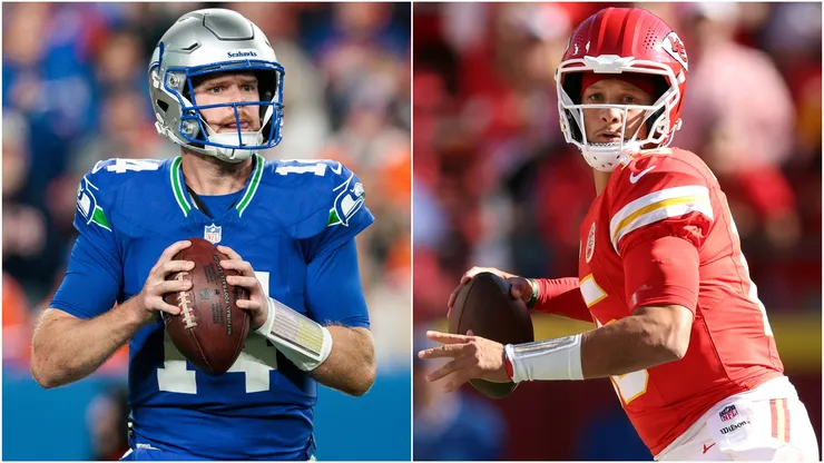 Sam Darnold #14 of the Seattle Seahawks and Patrick Mahomes #15 of the Kansas City Chiefs