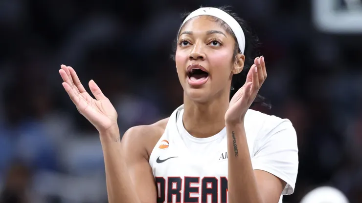 Angel Reese #5 of the Atlanta Dream reacts during the first quarter against the Golden State Valkyries.