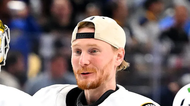 Joonas Korpisalo celebrates at KeyBank Center in Buffalo, New York.