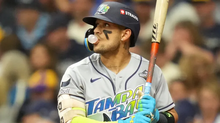 Victor Mesa Jr. #25 of the Tampa Bay Rays blows a bubble.