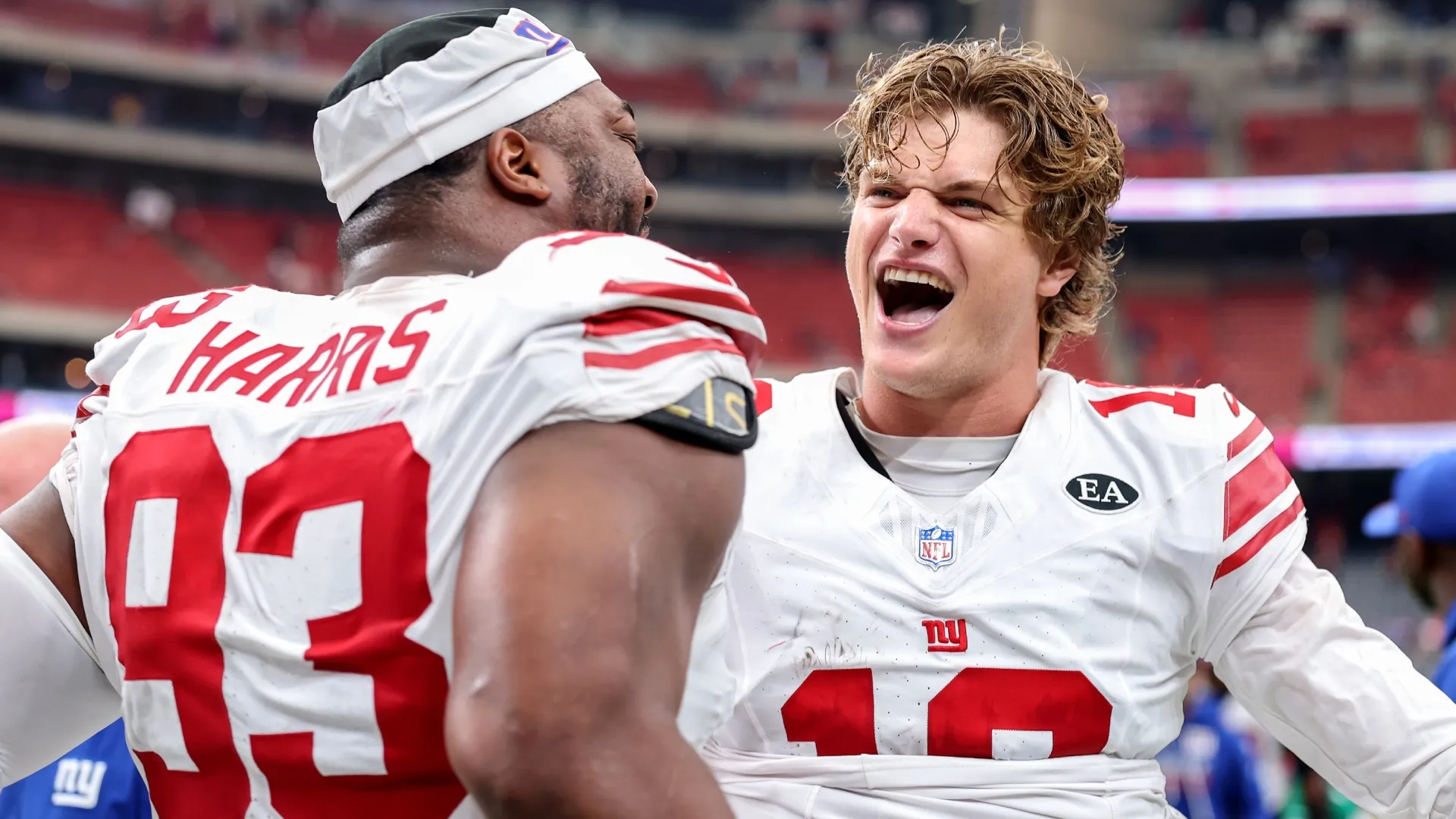 JJ McCarthy celebrates Giants victory