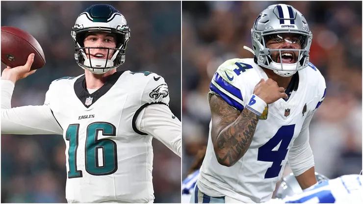 Tanner McKee #16 of the Philadelphia Eagles and Dak Prescott #4 of the Dallas Cowboys