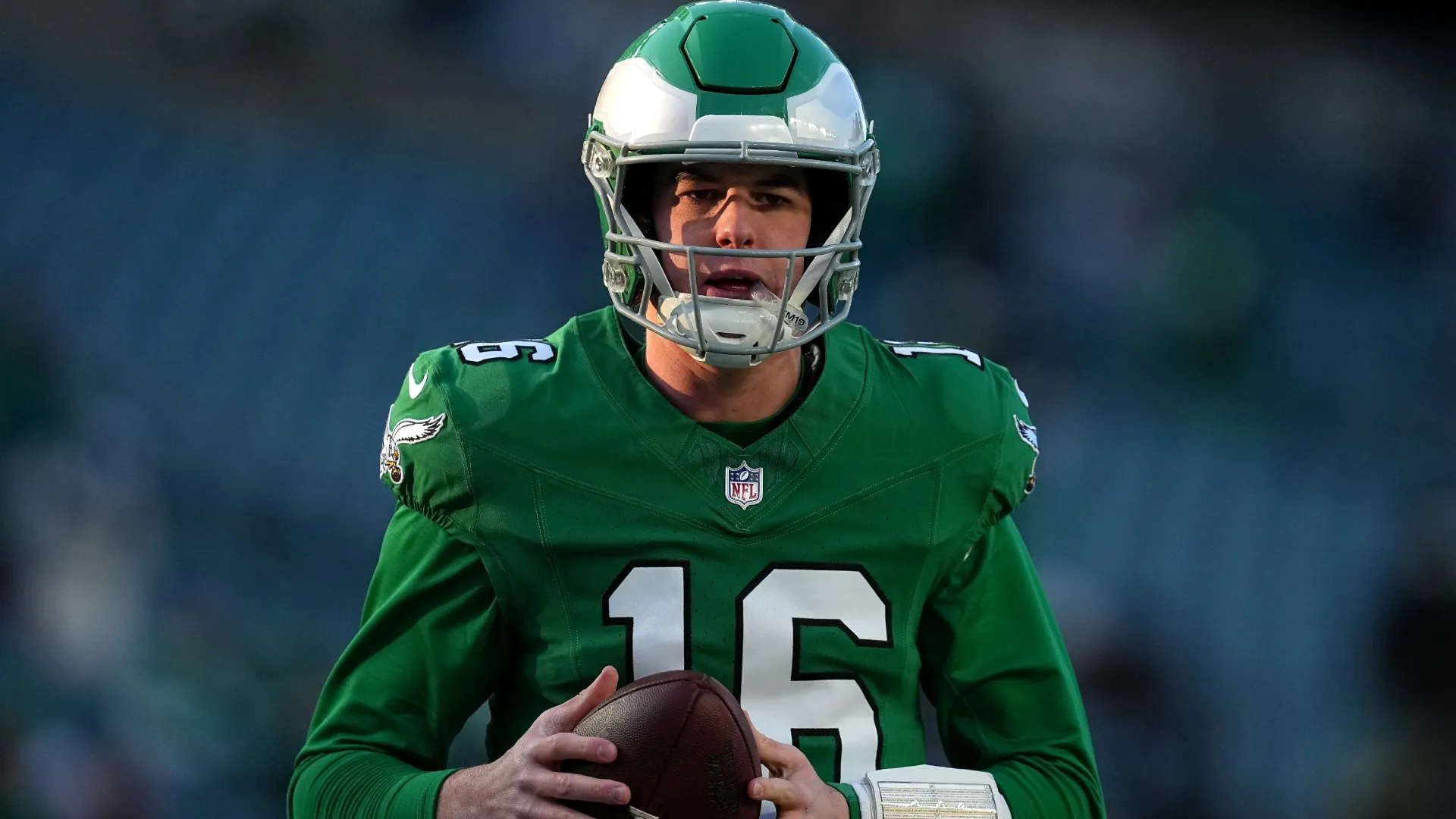 Tanner McKee #16 of the Philadelphia Eagles (Source: Mitchell Leff/Getty Images)