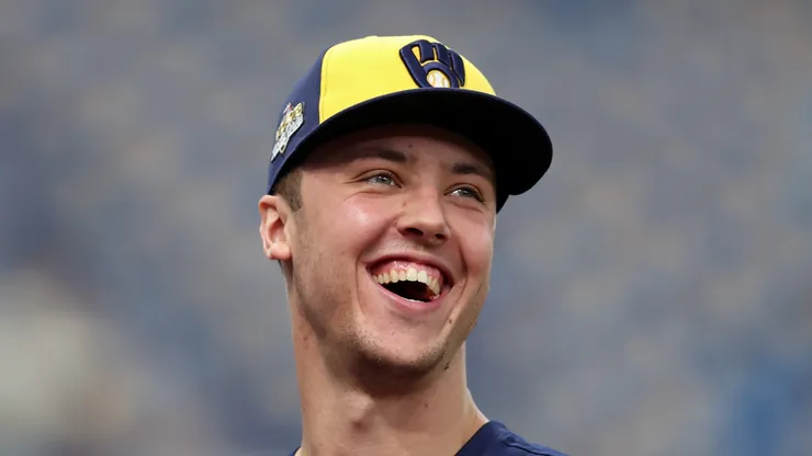 Jacob Misiorowski #32 of the Milwaukee Brewers at Tropicana Field in St Petersburg, Florida.
