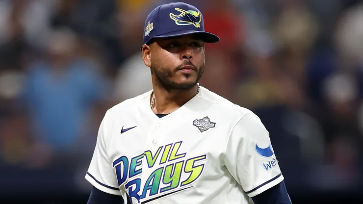 Freddy Peralta #51 of the Tampa Bay Rays walks to the dugout.