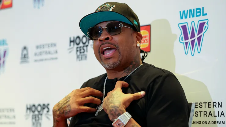 NBA Hall of Famer Allen Iverson talks to the media.