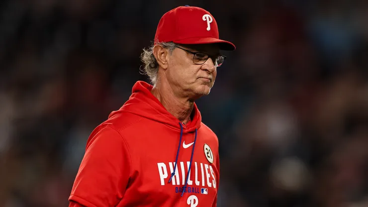 Manager Don Mattingly #8 of the Philadelphia Phillies looks on.