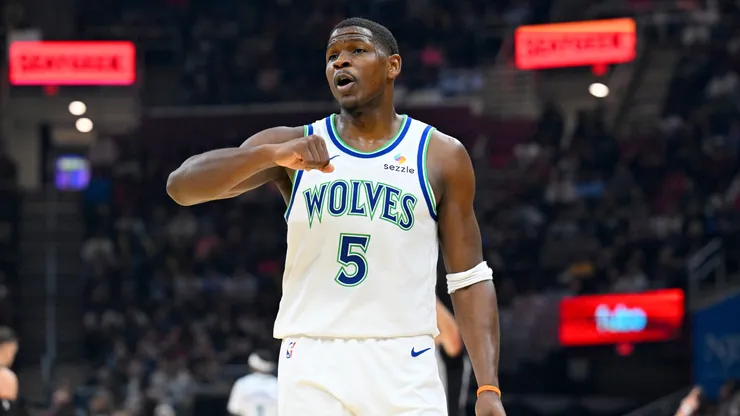 Anthony Edwards #5 of the Minnesota Timberwolves argues a call.