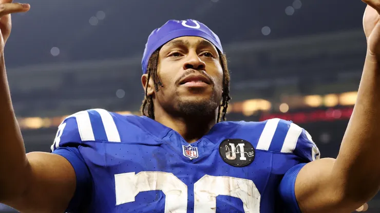 Jonathan Taylor #28 of the Indianapolis Colts celebrates after his team's victory.