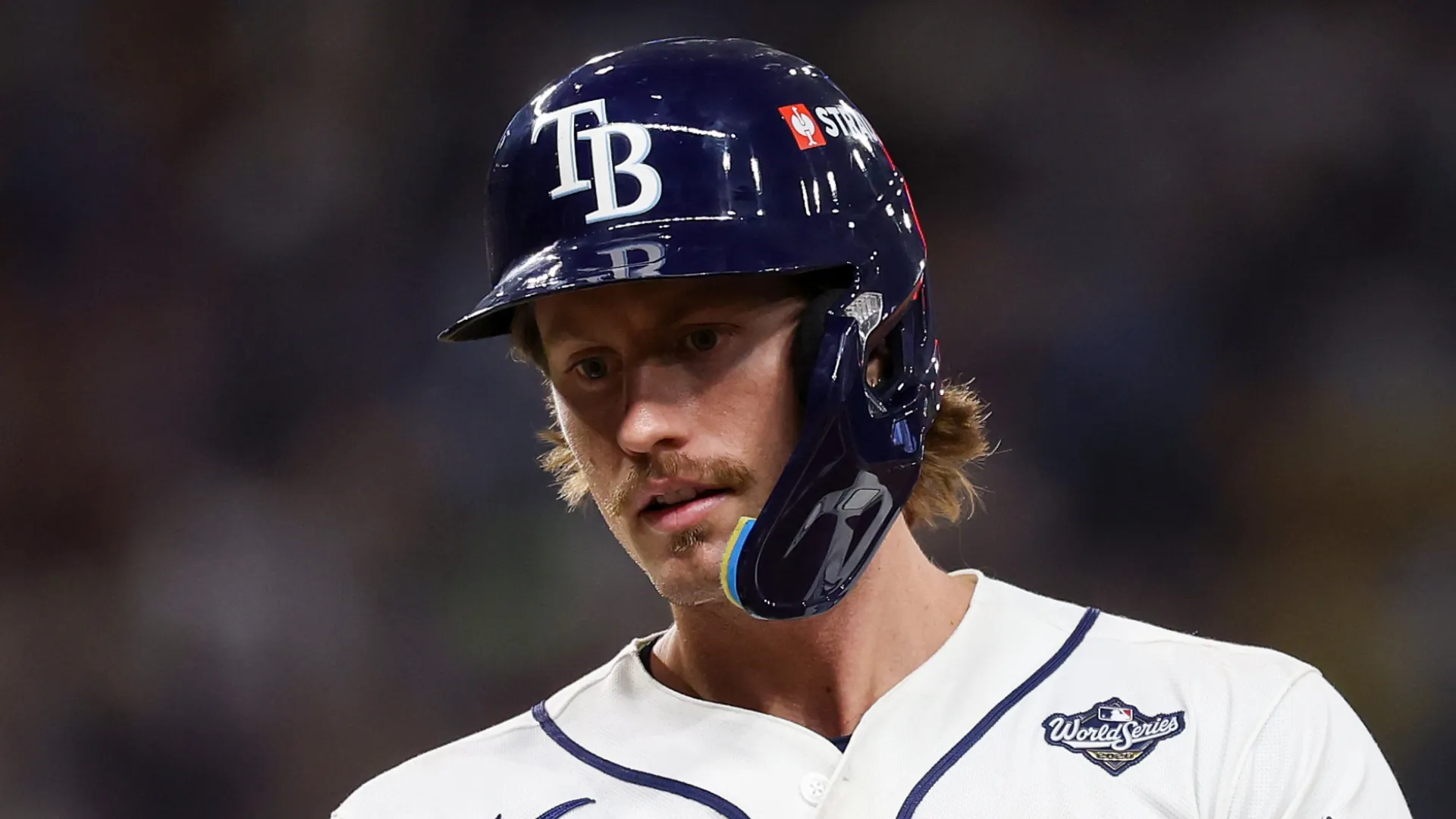 Jonny DeLuca #21 of the Tampa Bay Rays reacts after hitting an RBI Single during the twelfth inning against the Milwaukee Brewers in game four of the 2026 World Series at Tropicana Field on October 27, 2026 in St Petersburg, Florida.