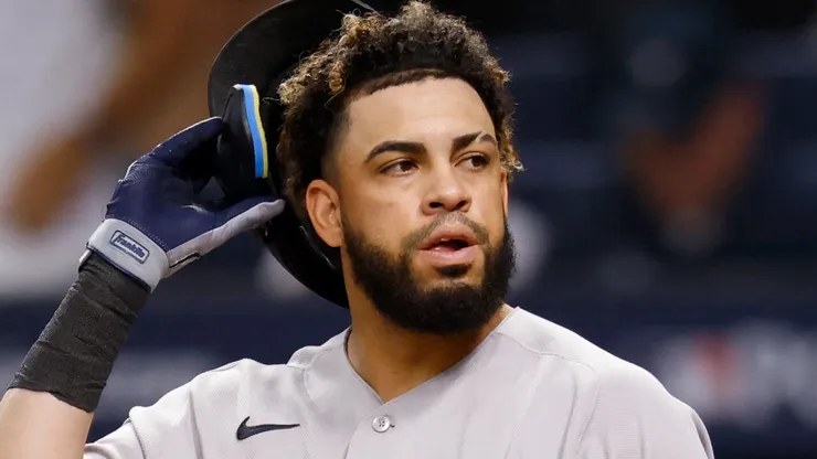 Luis García Jr. #26 of the New York Yankees reacts to striking out.